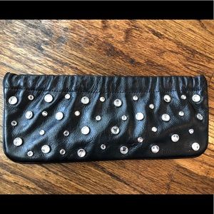 Black Bebe Leather Clutch with Rhinestones